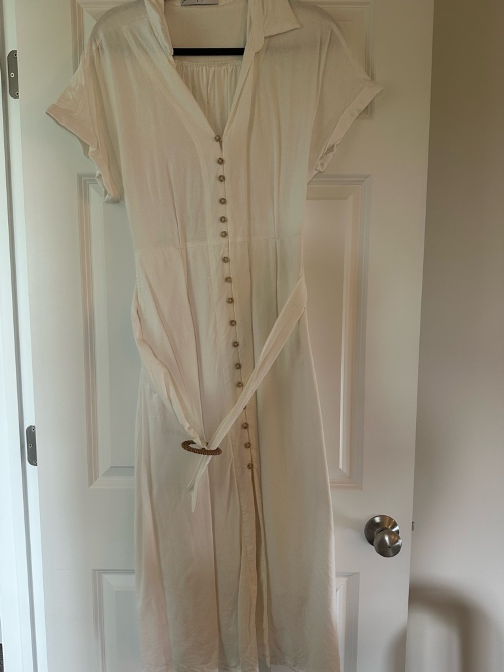 Cream Button-Front Midi Linen Dress with Belt